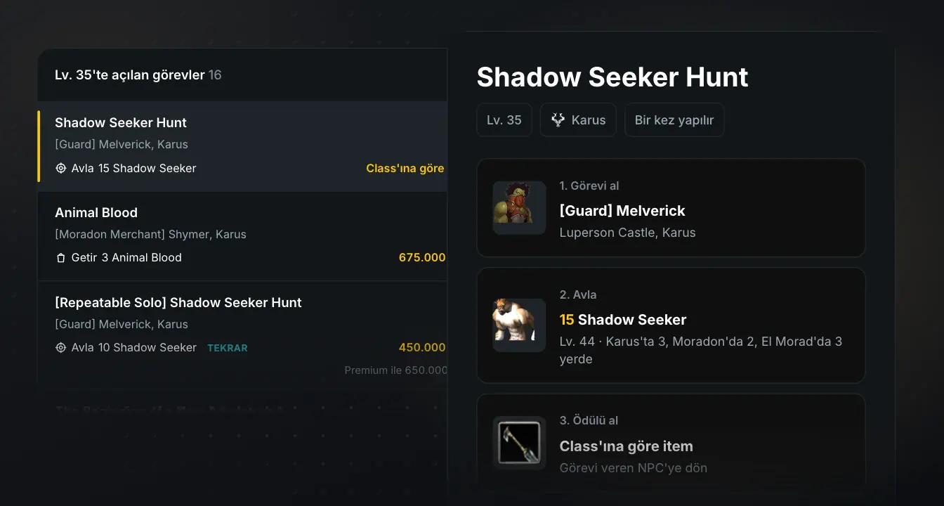 Görev Rehberi: Shadow Seeker Hunt görevinin adımları ve Lv. 35 görev listesi