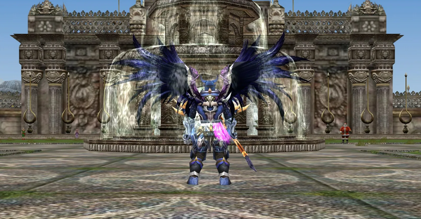 Moradon çeşmesinin önünde Krowaz set, Exceptional Raptor ve Chaos Wing giymiş bir Berserker Hero