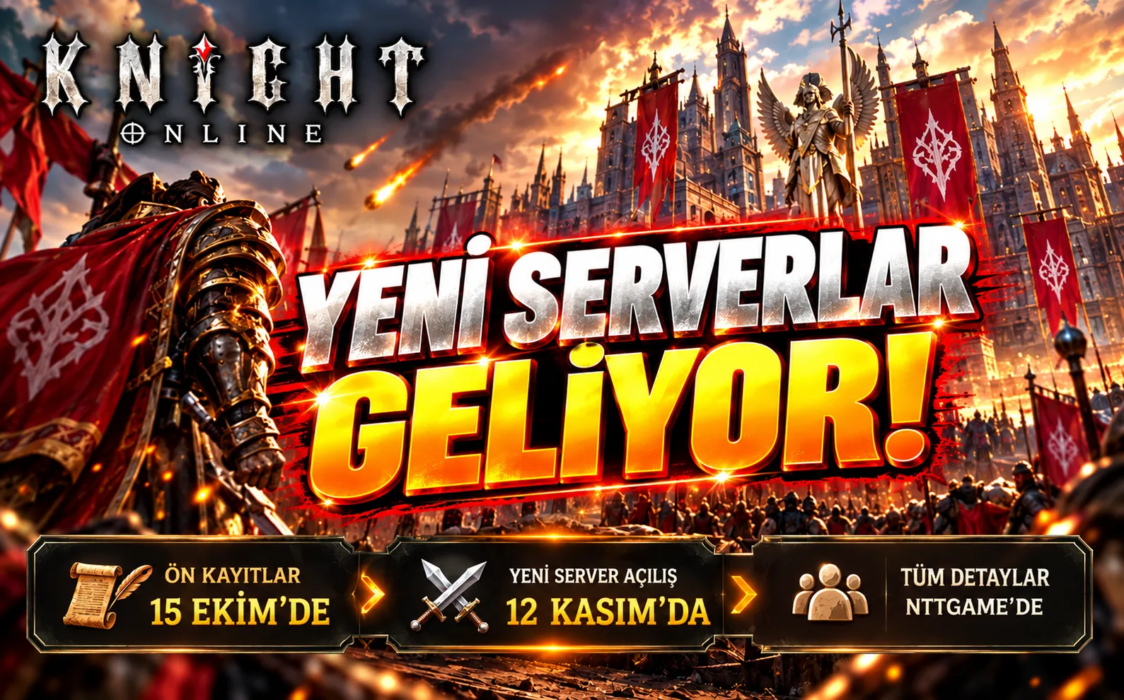 Knight Online 2026 yeni serverlar duyurusu. 15 Ekim ön kayıt ve 12 Kasım açılış tarihlerini gösteren, zırhlı savaşçı ve Orta Çağ kalesi temalı görsel.