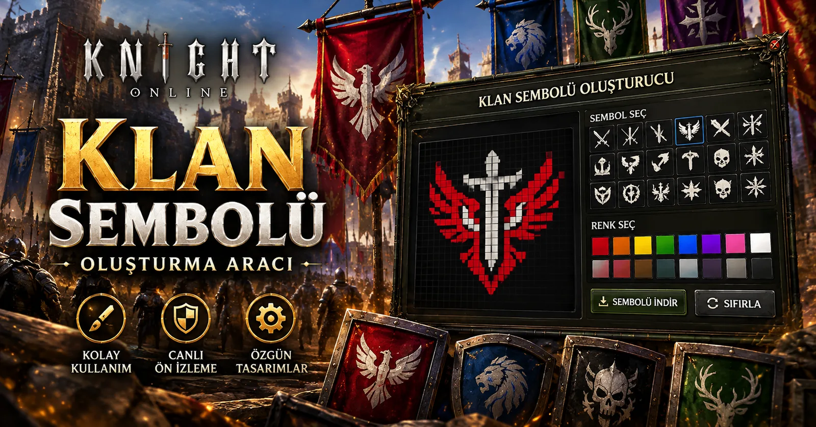 Knight Online klan sembolü oluşturma aracı. Klan amblemi tasarlama, renk seçimi, canlı önizleme ve sembol indirme özelliklerini gösteren fantastik oyun temalı görsel.